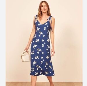 Reformation Jade Midi Low Back Floral Dress Blue Size Medium
